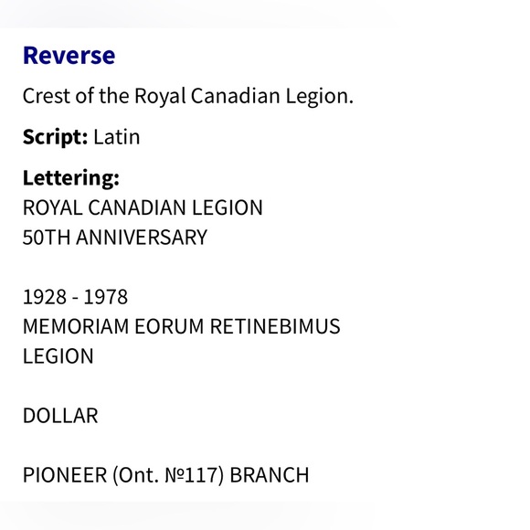 🎈$5 add on - ROYAL CANADIAN LEGION 50th Anniversary Commemorative Dollar. - Picture 5 of 5